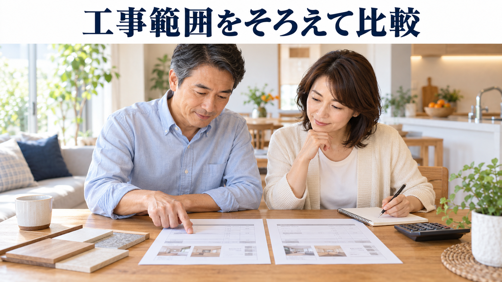 夫婦がリフォームの見積書を並べて工事範囲と費用を比較する様子