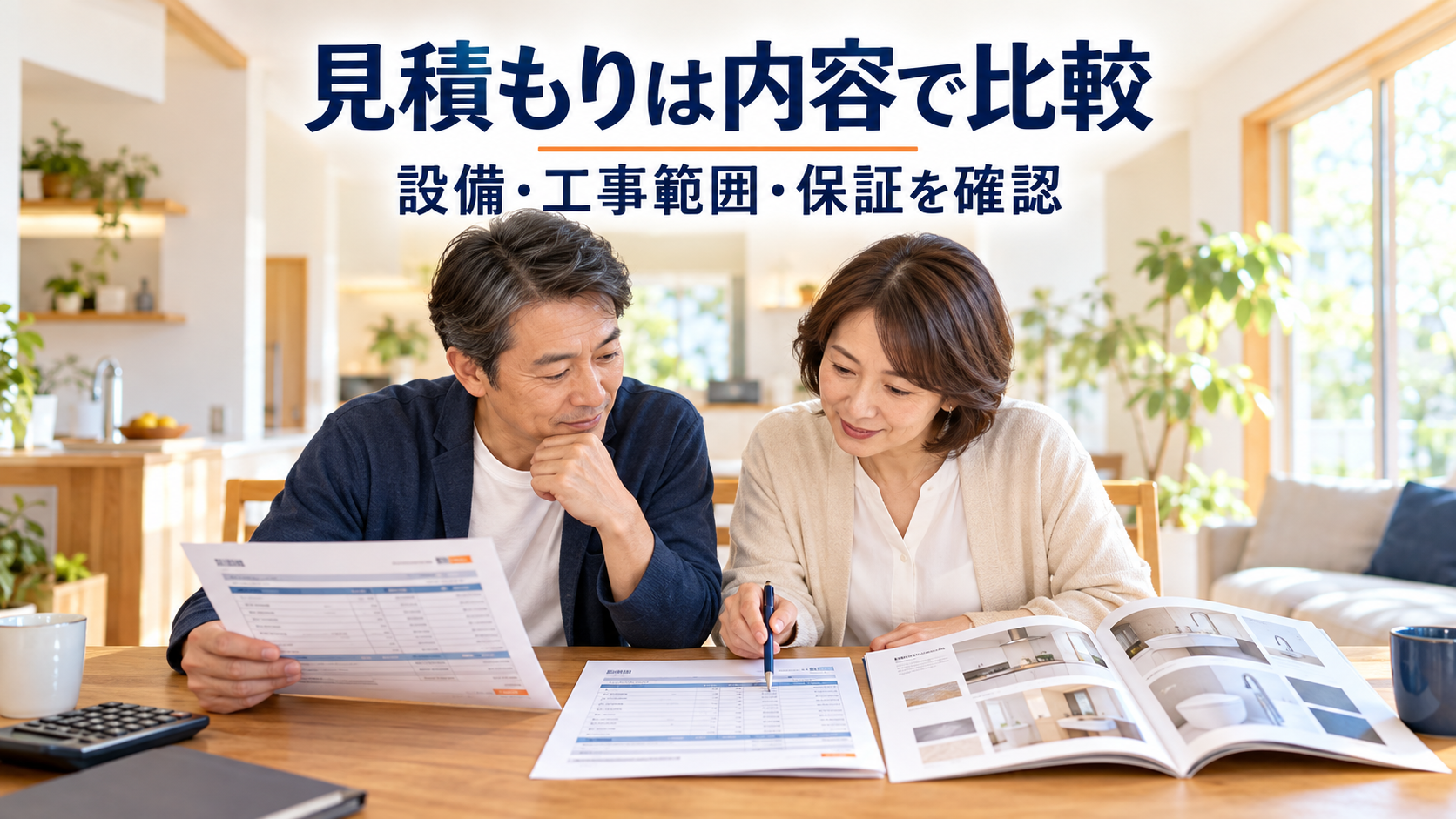 自宅で見積書と設備のカタログを見比べ、工事範囲や保証の確認を進める夫婦