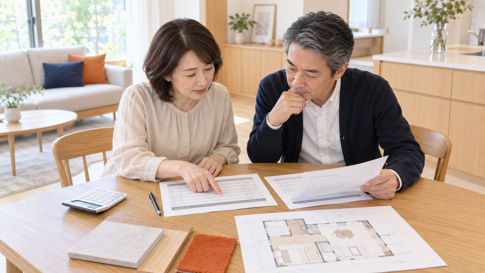 夫婦でリフォームの見積書と間取り図を見比べて工事内容を確認する様子