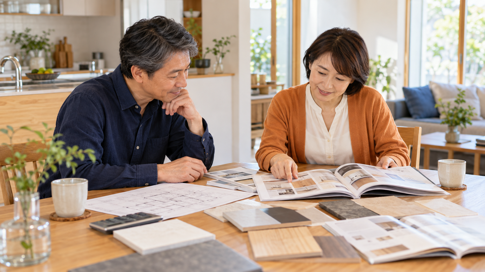 リフォームの資料と設備カタログ、内装の素材サンプルを見比べる夫婦