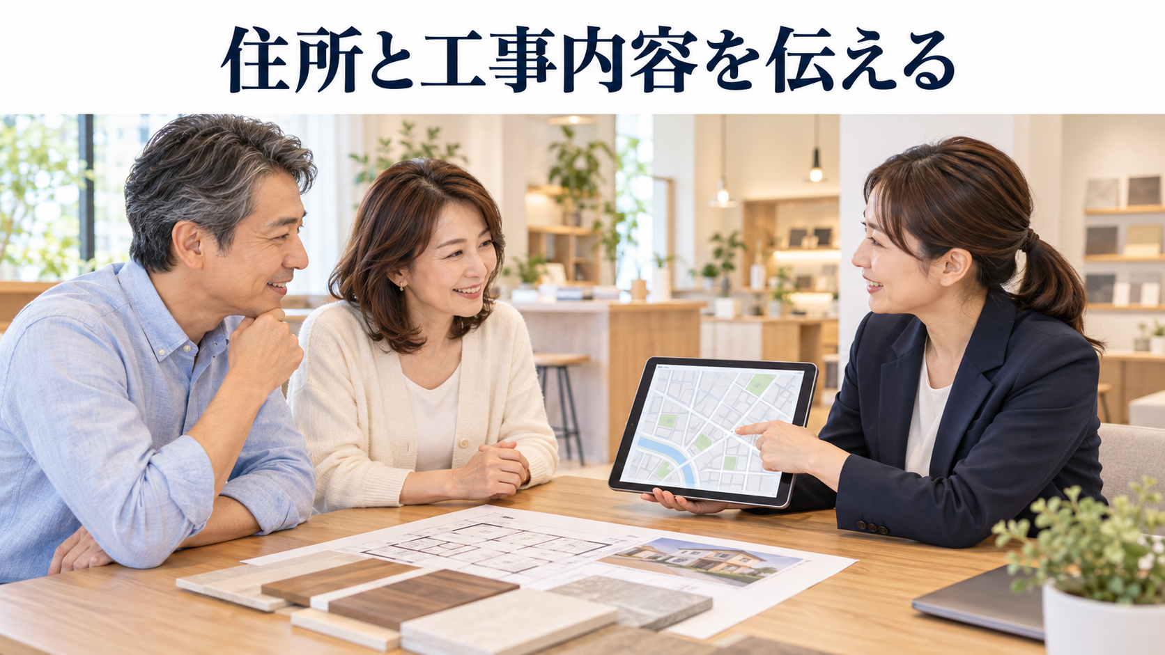 リフォームの相談で自宅の住所と希望する工事内容を担当者に伝える夫婦