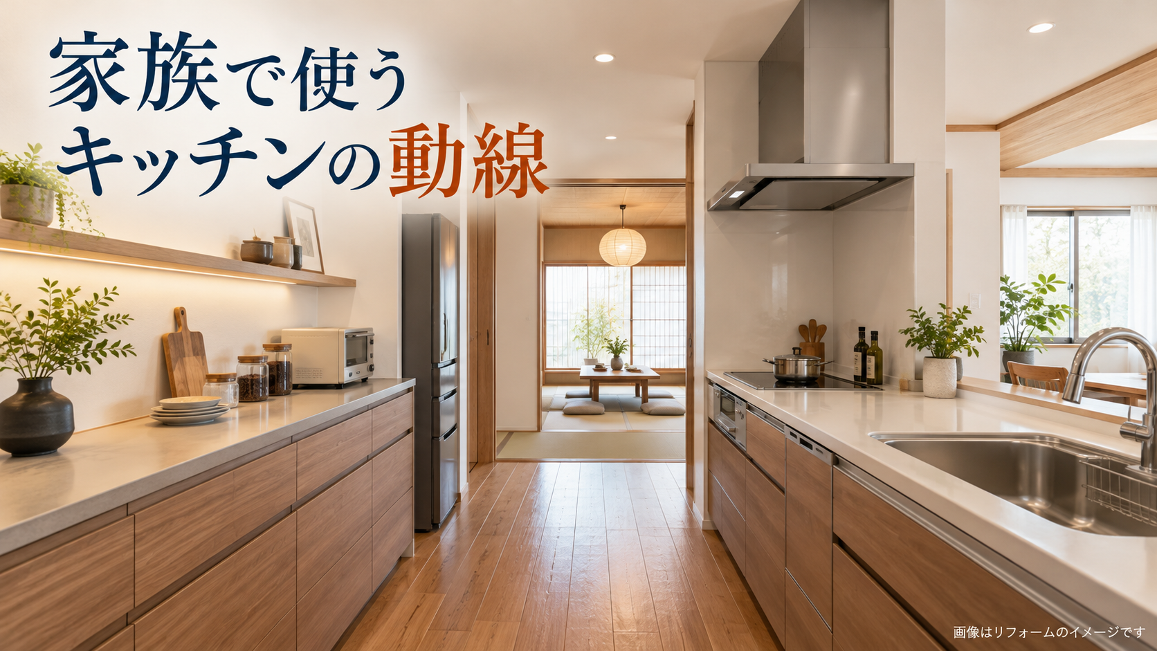 キッチンと背面収納の間に通路を設け、奥に和室がつながる住まいのリフォームイメージ