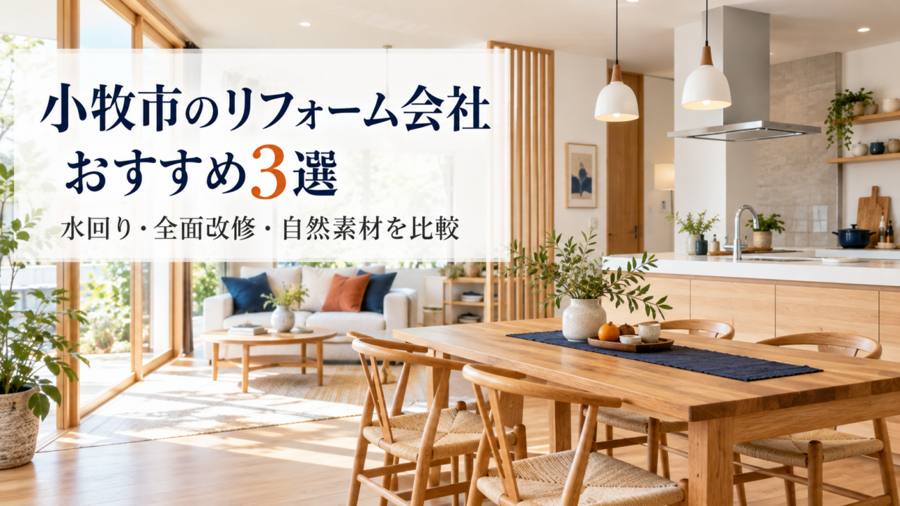 小牧市のリフォーム会社おすすめ3選と、水回り・全面改修・自然素材の比較を案内する画像