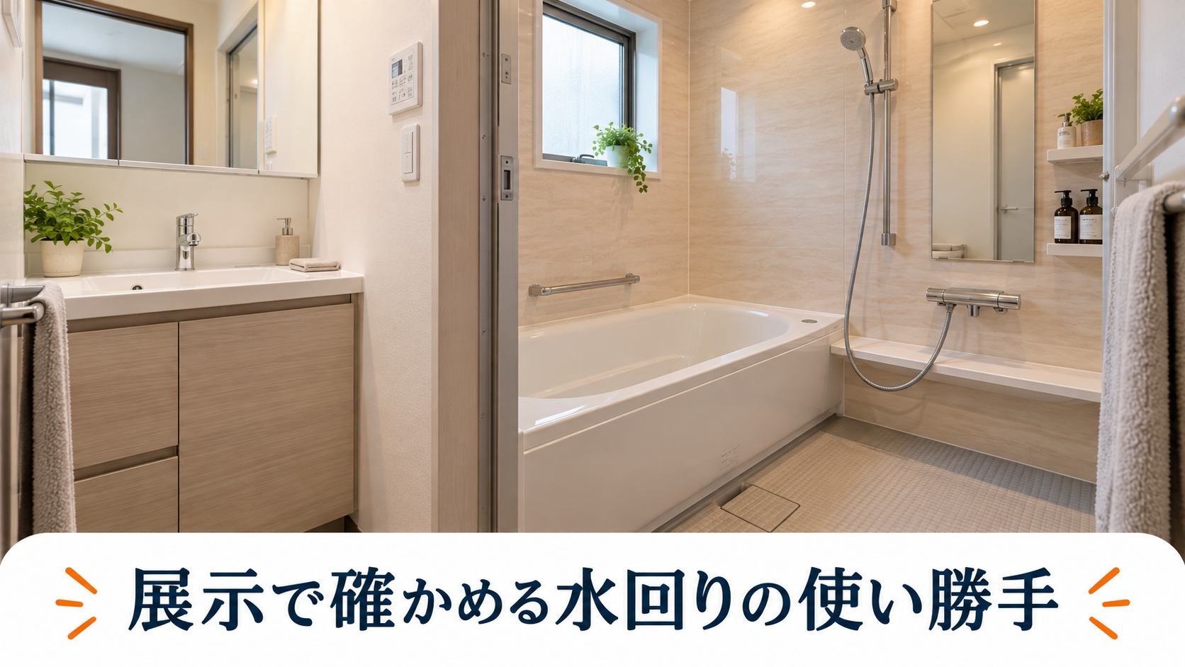 浴槽や洗面台の使い勝手を確認するための、明るい浴室・洗面空間のリフォームイメージ