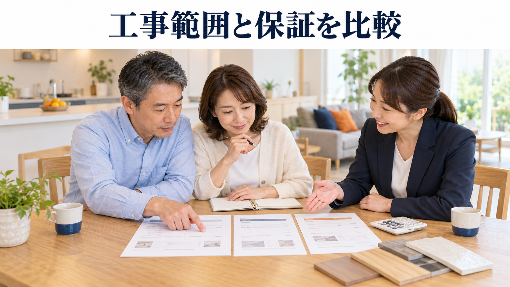 夫婦が担当者とリフォームの見積書を確認し、工事範囲と保証内容を比較する様子
