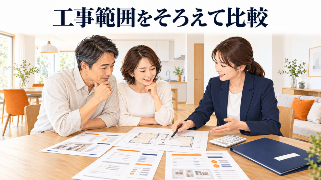 工事範囲と見積もりを相談する夫婦とリフォーム担当者