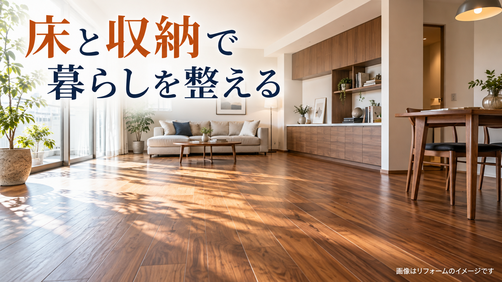 木目のフローリングと壁面収納を組み合わせた、明るいマンションのリビングの改修イメージ