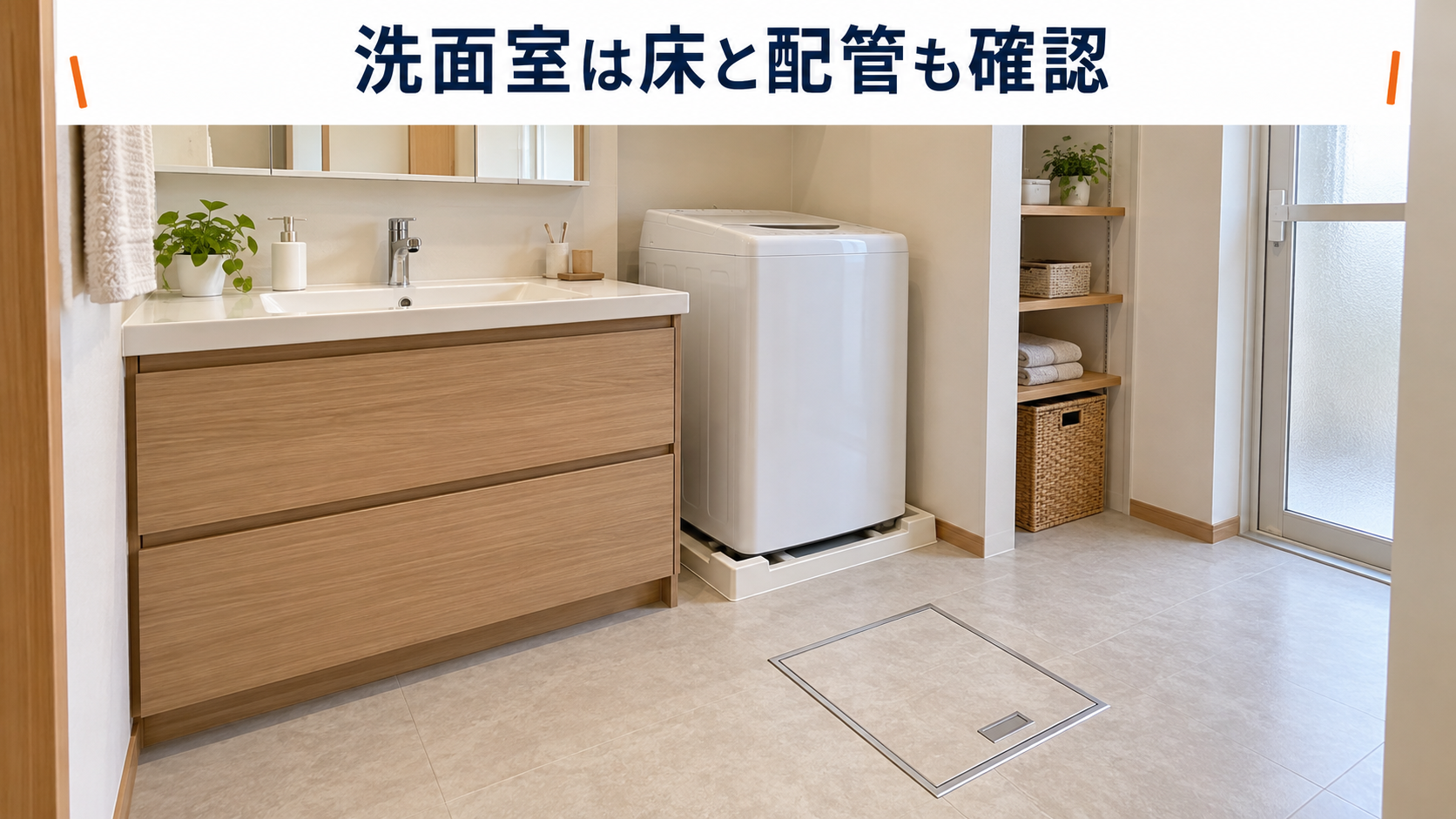 洗面化粧台と洗濯機、床下点検口を備えた洗面室のリフォームイメージ