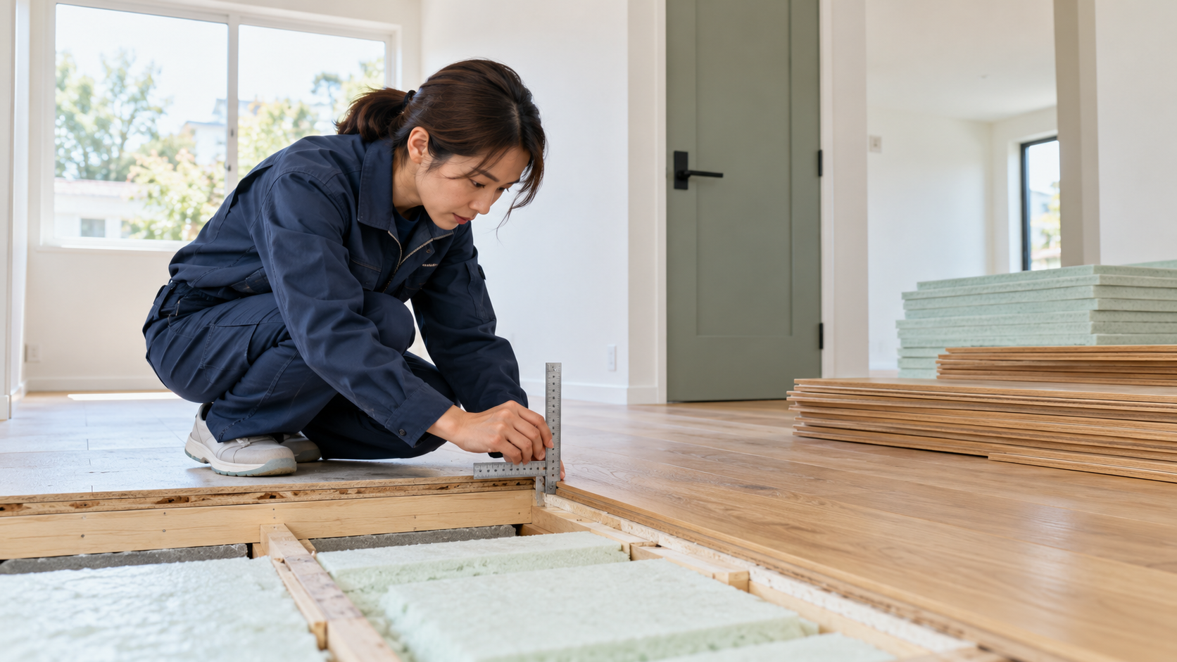 床の改修現場で下地とフローリングの高さを測る女性調査員