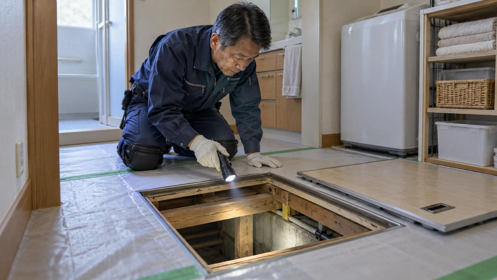 床下点検口からライトを当てて建物の状態を確認する調査員