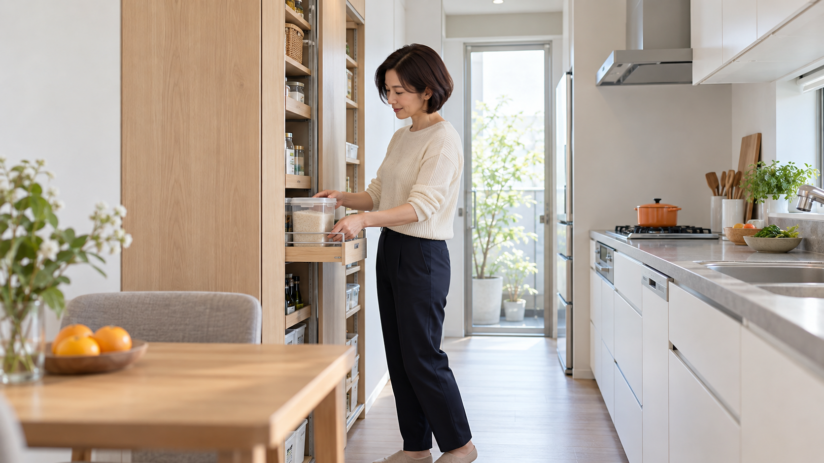 明るいキッチンで引き出し式収納の使い勝手を確認する女性