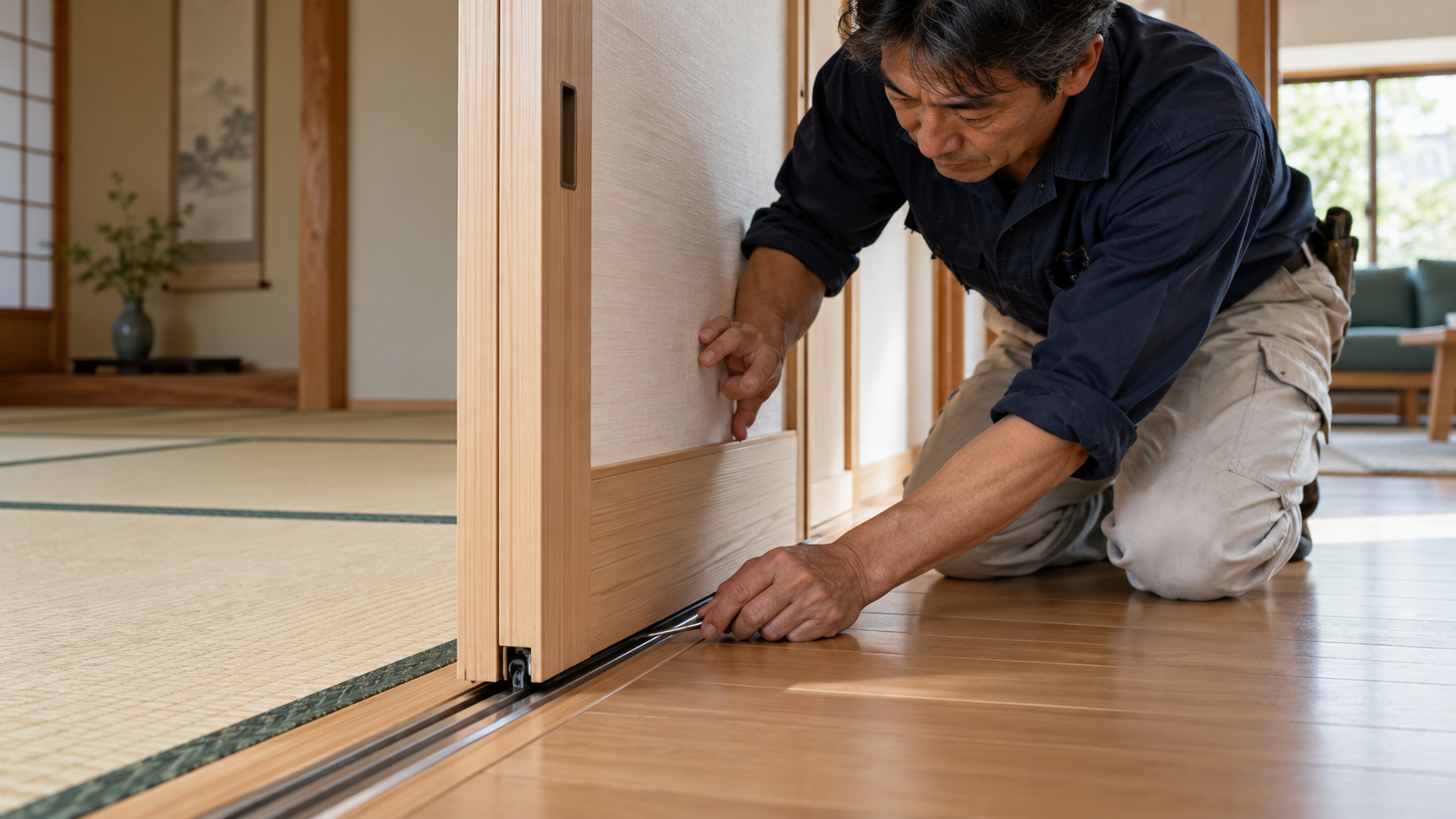 和室と洋室の間にある引き戸の下部を調整する職人