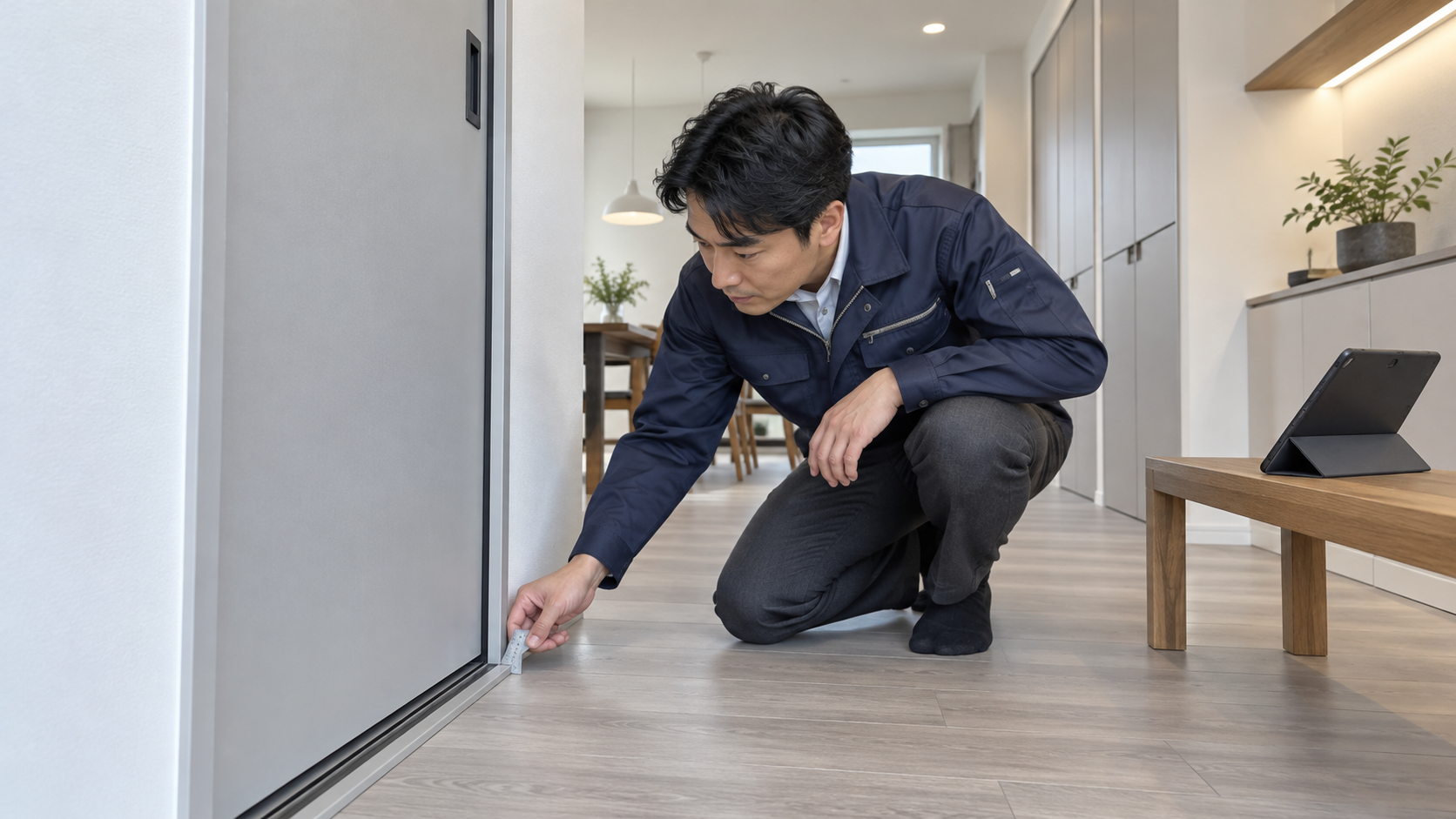 室内の引き戸レール付近を金属製の定規で確認する男性調査員