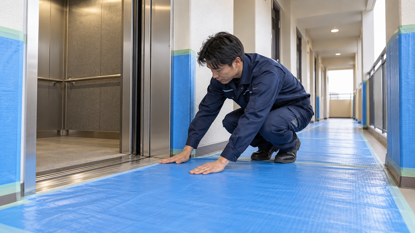 マンションのエレベーター前で共用廊下の養生シートを整える作業員