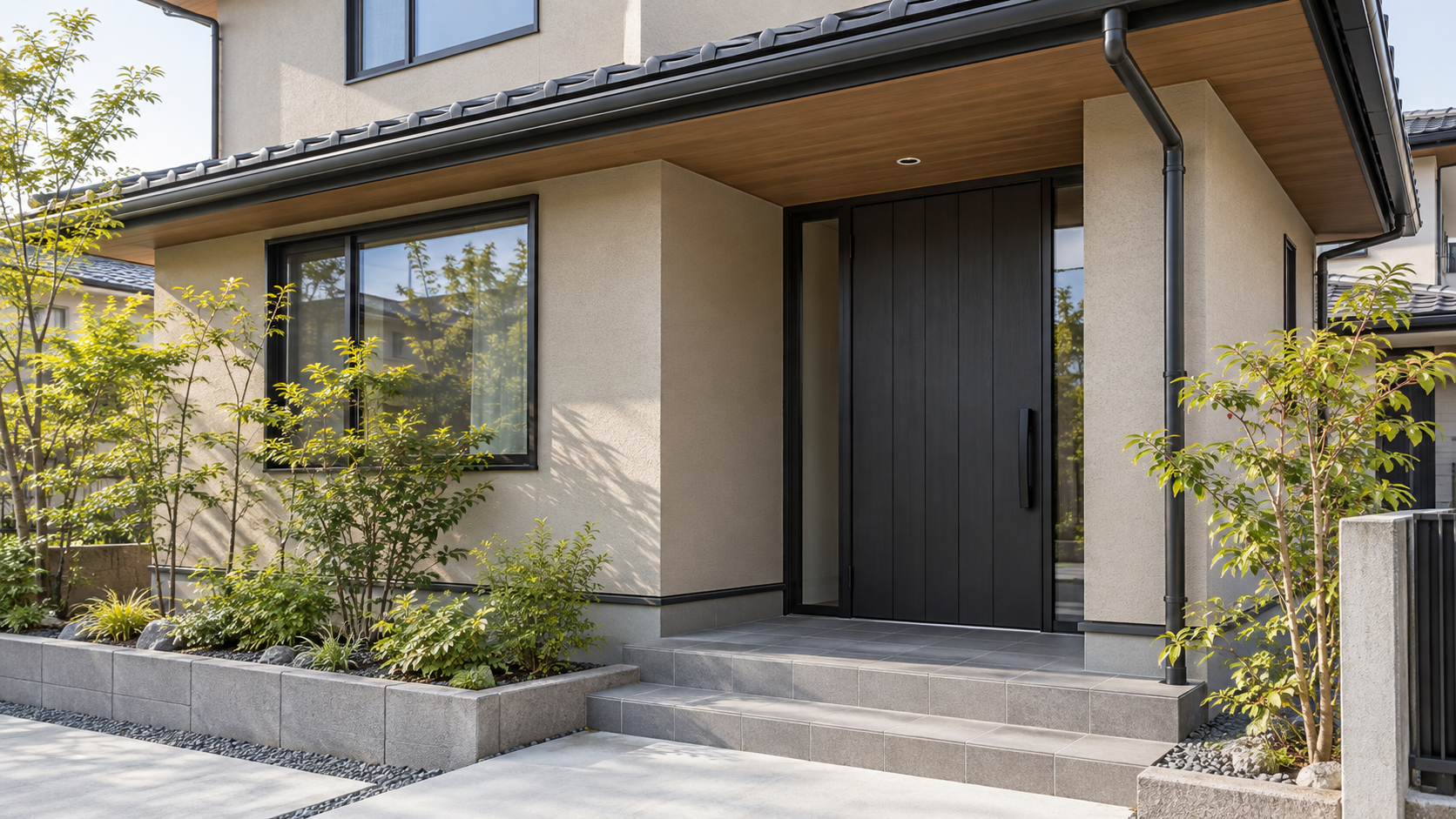 落ち着いたベージュの外壁と濃色の玄関まわりを組み合わせた住まいの外観
