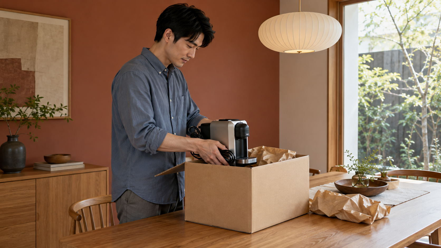 リフォームに備えてコーヒーメーカーを段ボール箱に梱包する男性