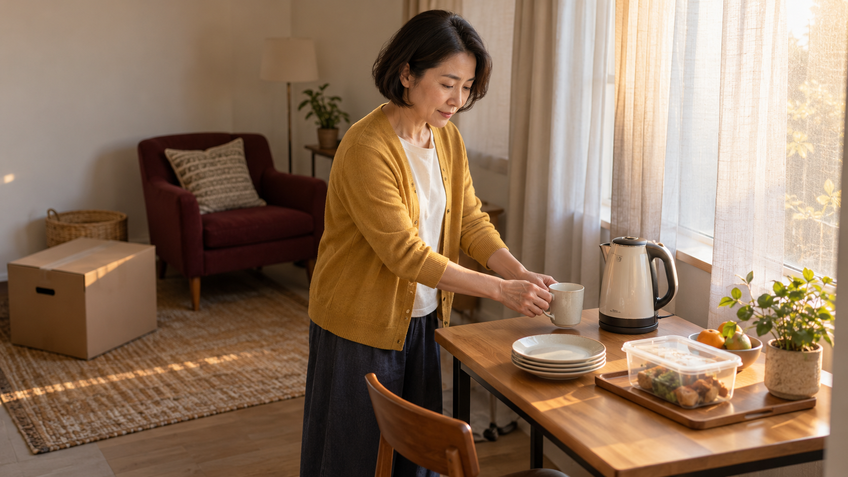 キッチンのリフォームに備えて別室に食器と電気ケトルを準備する女性