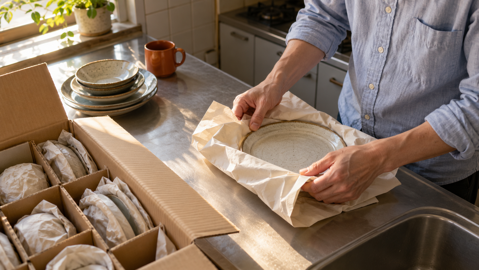 リフォーム前のキッチンで陶器の皿を梱包用の紙で包む男性の手元