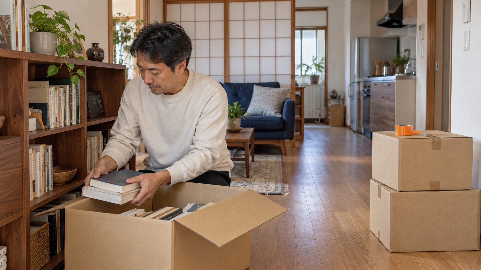 リフォーム工事に備えて本棚の本を段ボール箱に詰める男性
