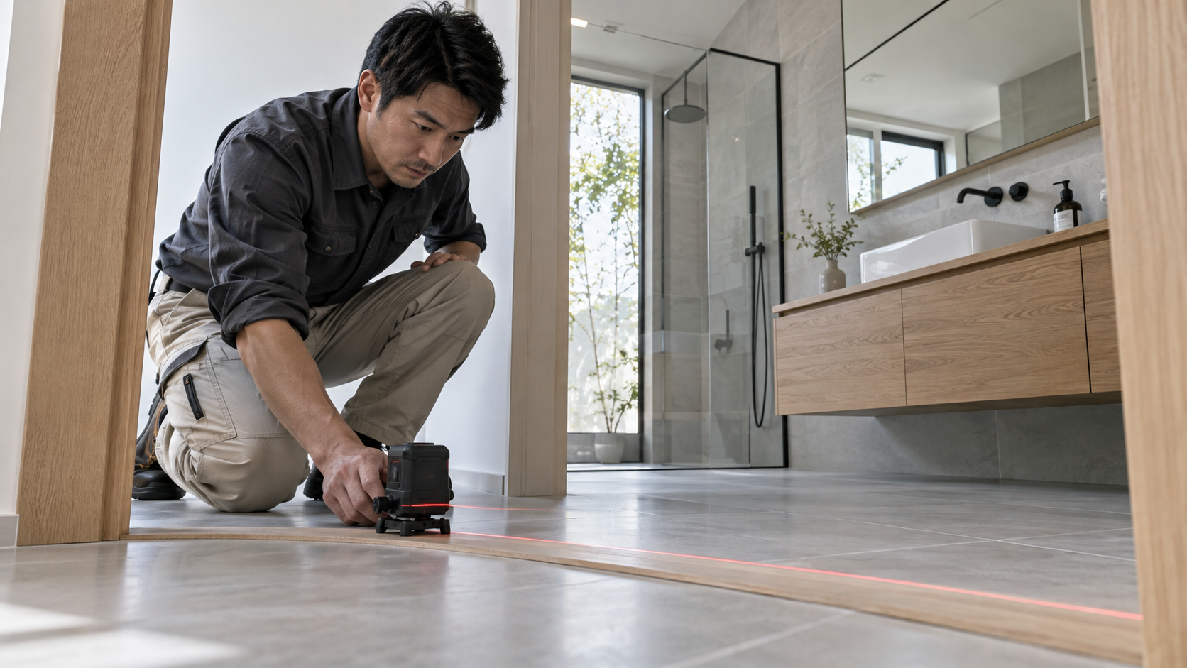 洗面所の入口でレーザー水平器を使って床の高さを確認する男性技術者