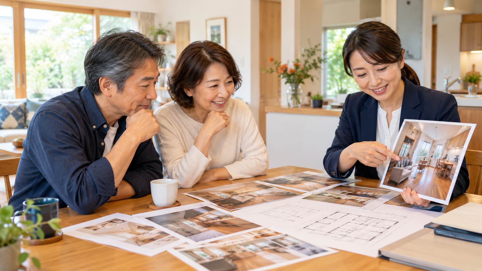 住まいの写真と間取り図を見ながら担当者にリフォームを相談する夫婦