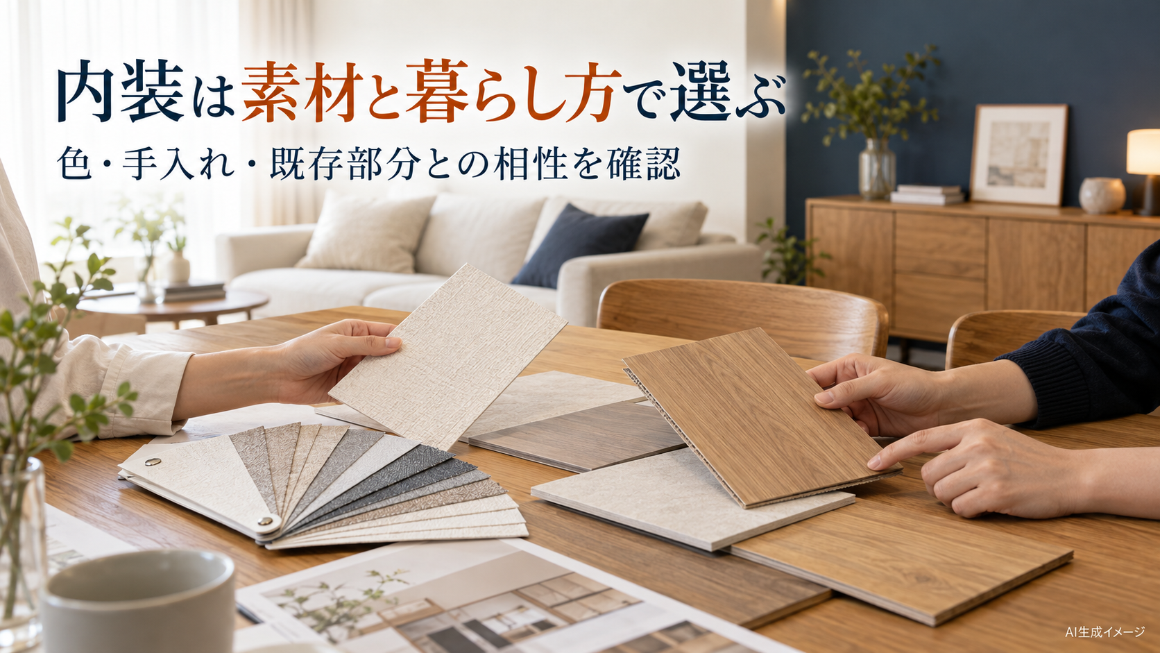 壁や床の見本を使い、内装の色と素材を比較するイメージ