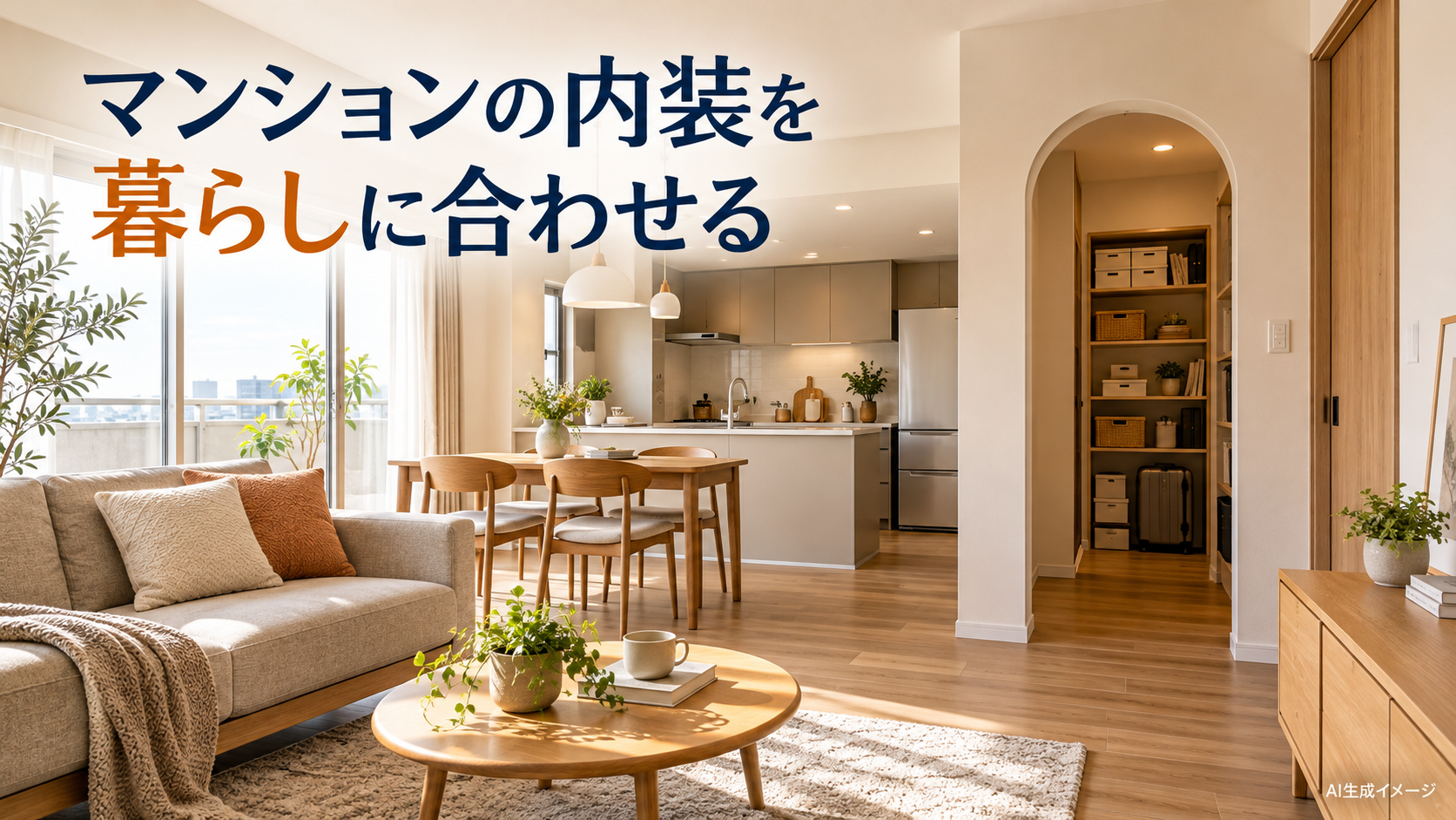 キッチンと収納への動線を整えたマンションの内装リフォームイメージ