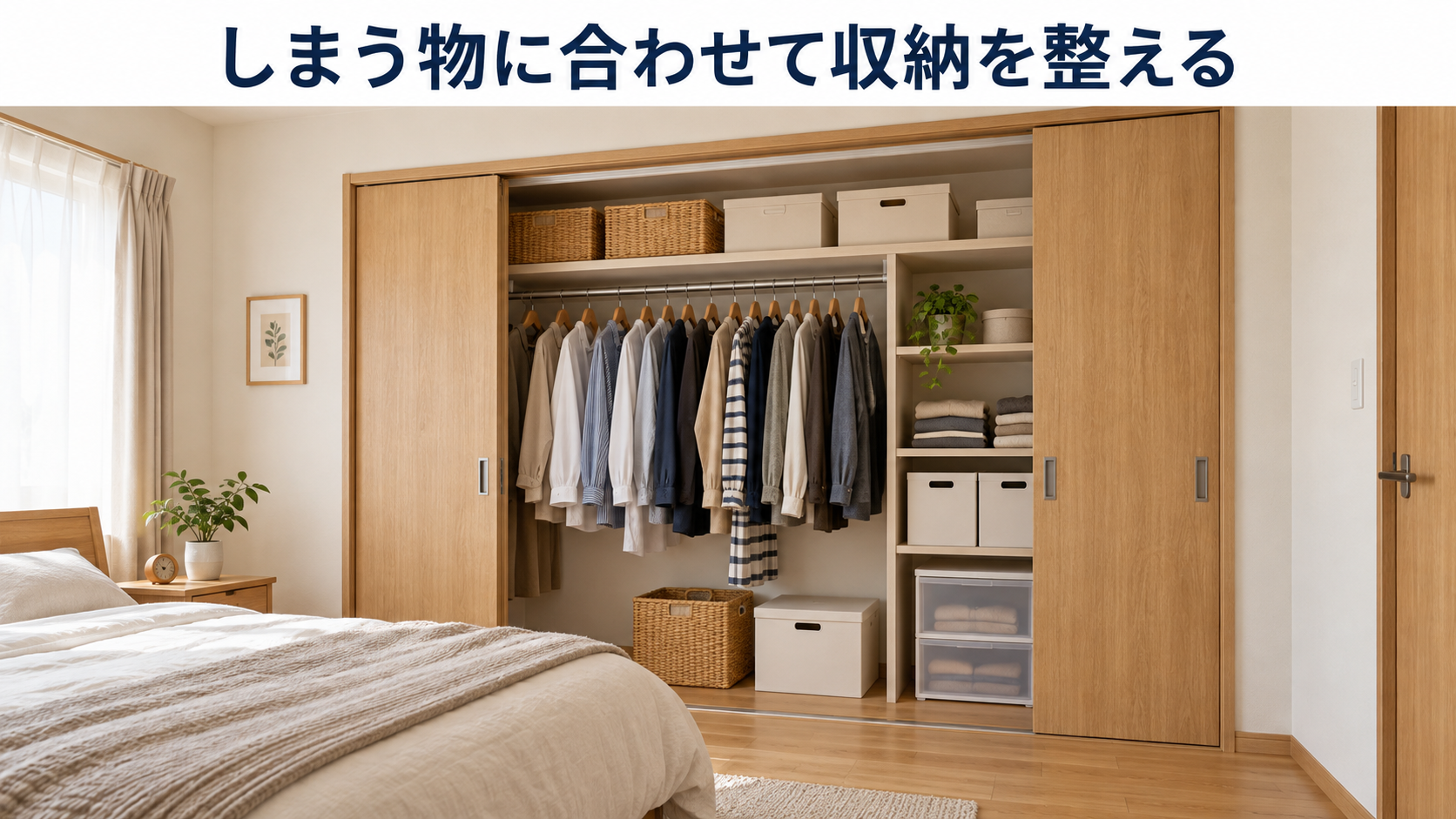 衣類や収納ケースに合わせて棚とハンガーポールを配置したクローゼットの改修イメージ