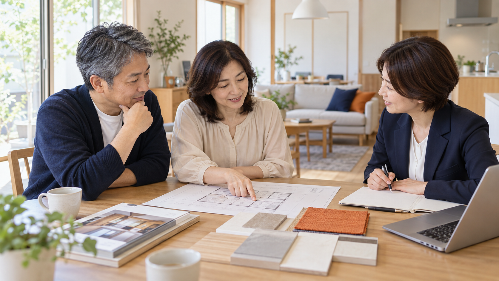 間取り図を見ながらリフォーム担当者に住まいの希望を相談する夫婦