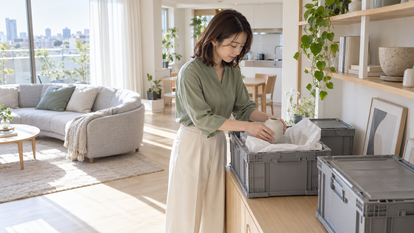 リフォーム前に花瓶を緩衝材入りの収納ケースへ収める女性