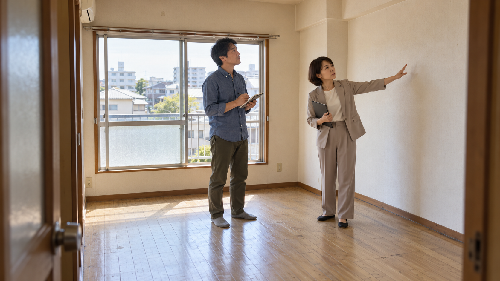 中古マンションの空室で壁や室内の状態を確認する男性と担当者