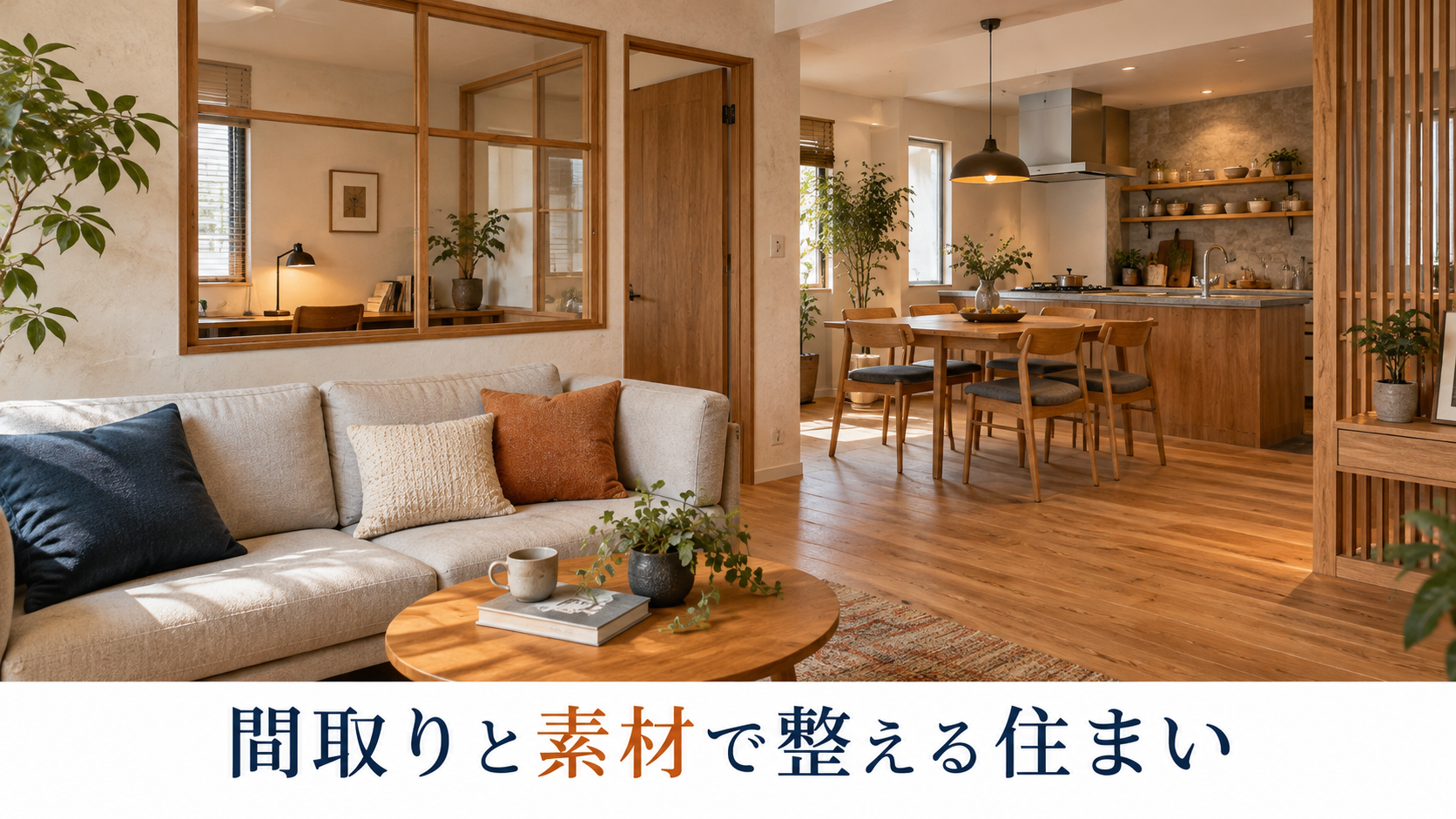 木の質感と室内窓を取り入れたLDKとワークスペースのイメージ