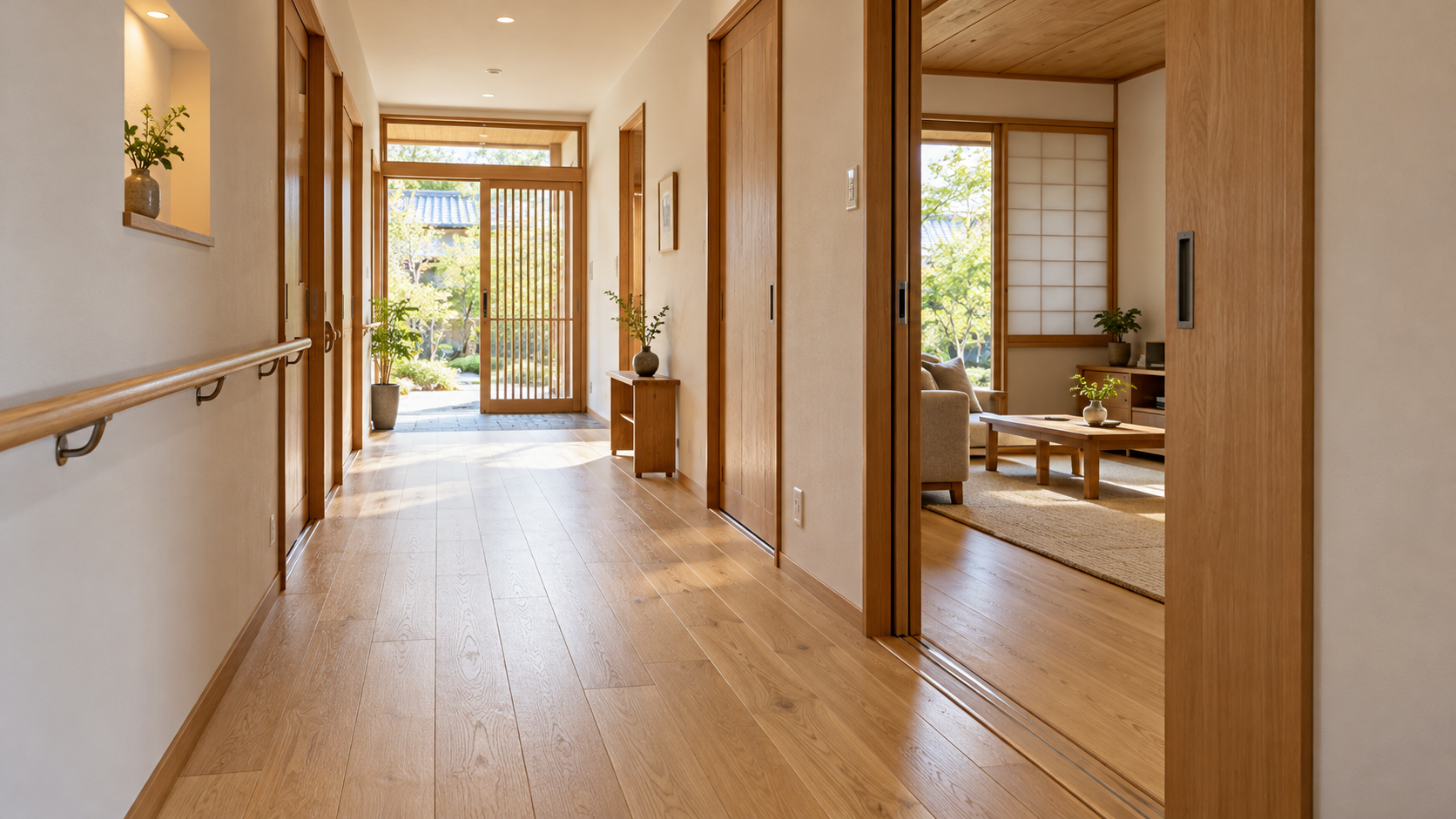 明るい木の床と手すりを備え、居室へつながる引き戸を設けた廊下