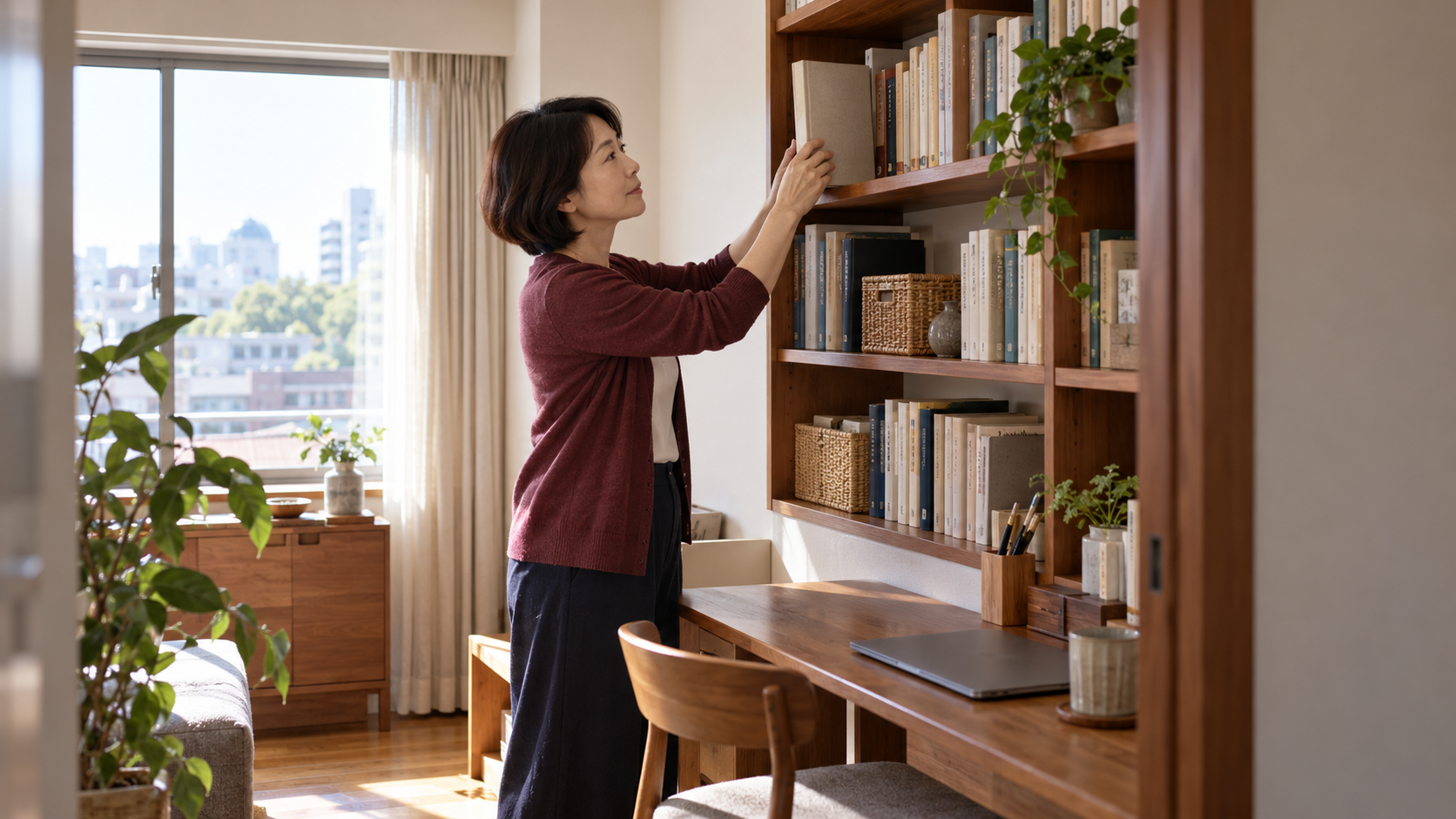書斎の本棚で収納の高さや使い勝手を確認する女性