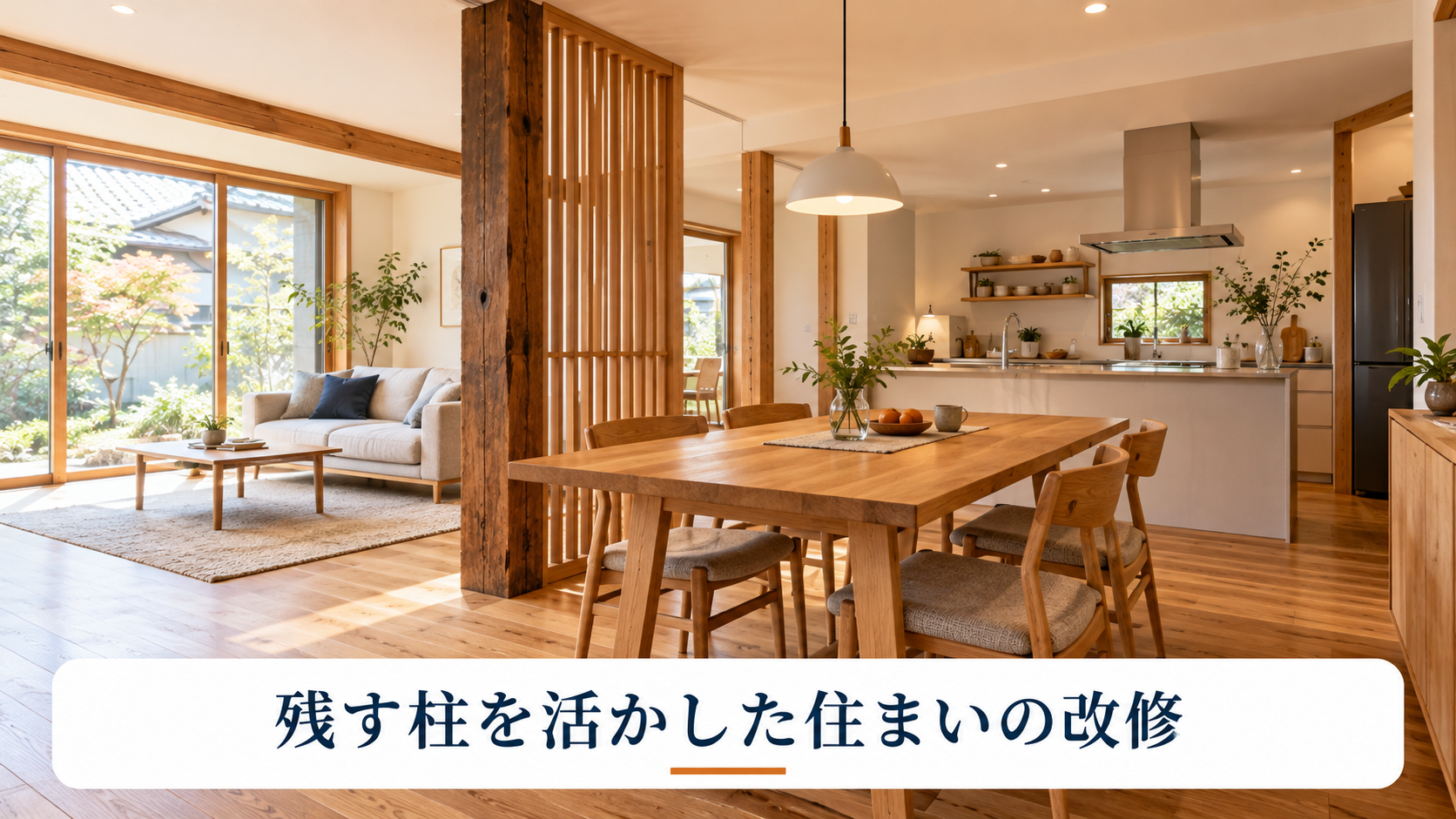 既存の柱と木製格子を活かし、LDKを開放的に整えた戸建てリフォームのイメージ