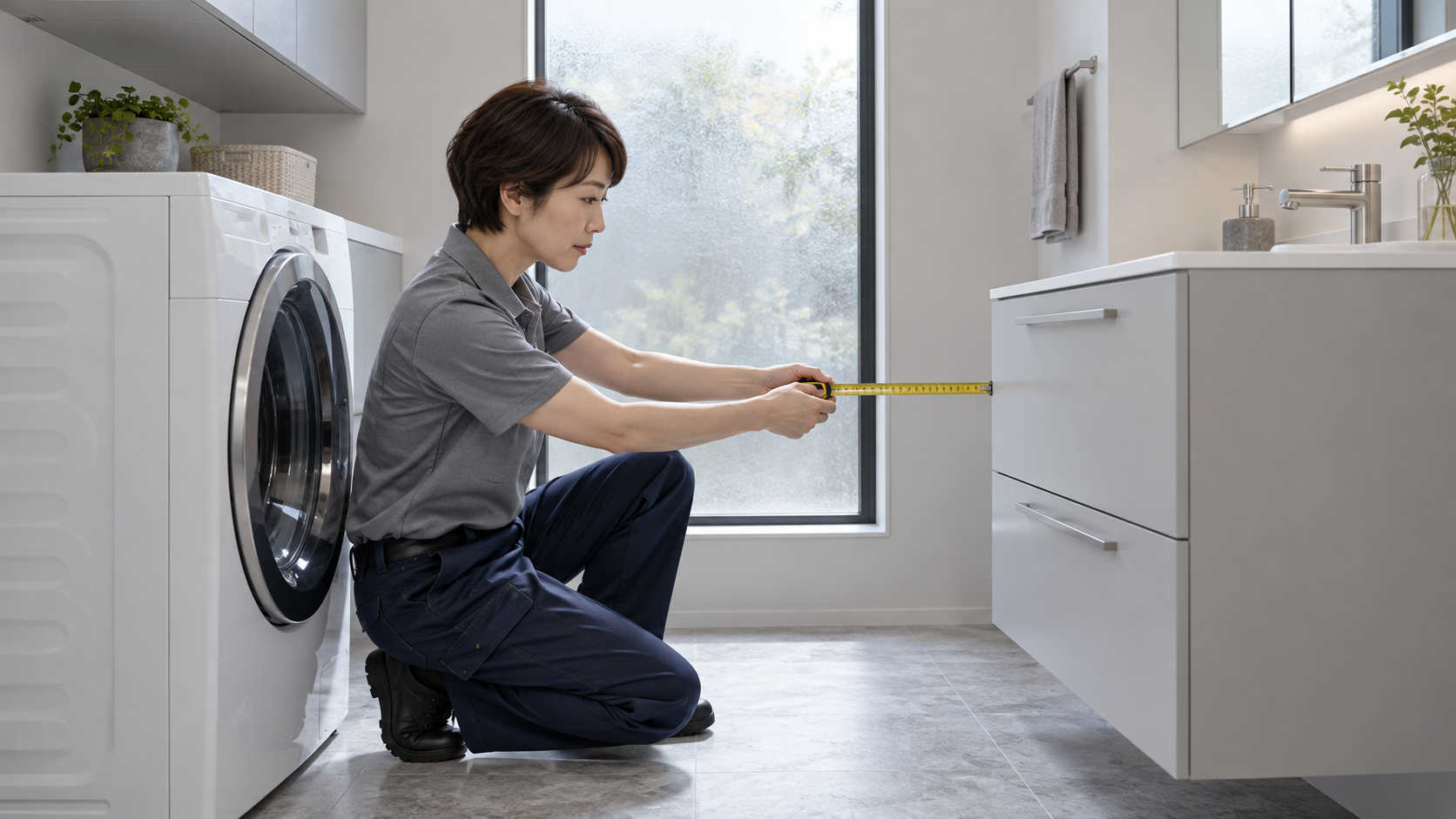 洗面所で洗濯機と洗面化粧台の間の通路幅を測る女性技術者