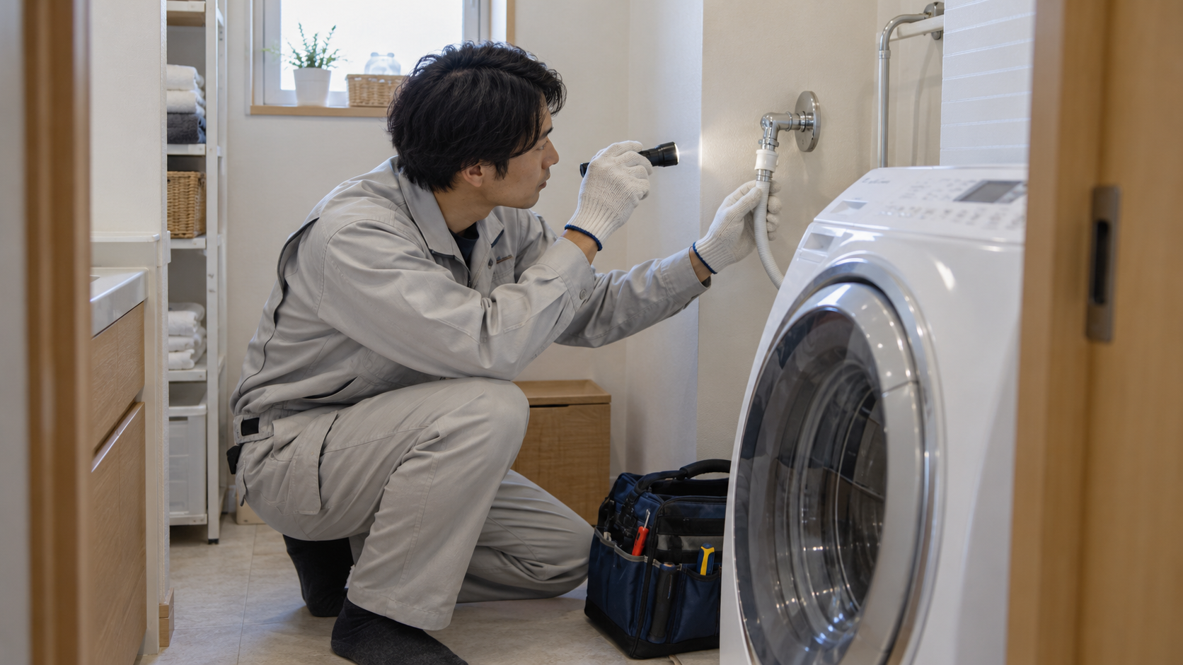 洗濯機の給水ホースと水栓の接続部分をライトで点検する作業員