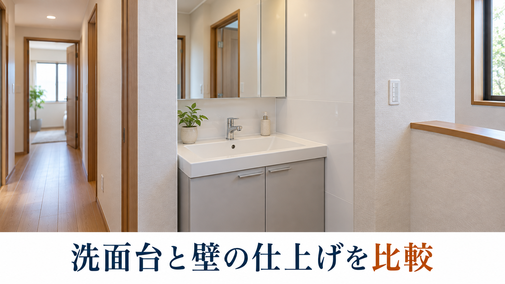 洗面台と周囲の壁パネルの仕上げを確認するイメージ