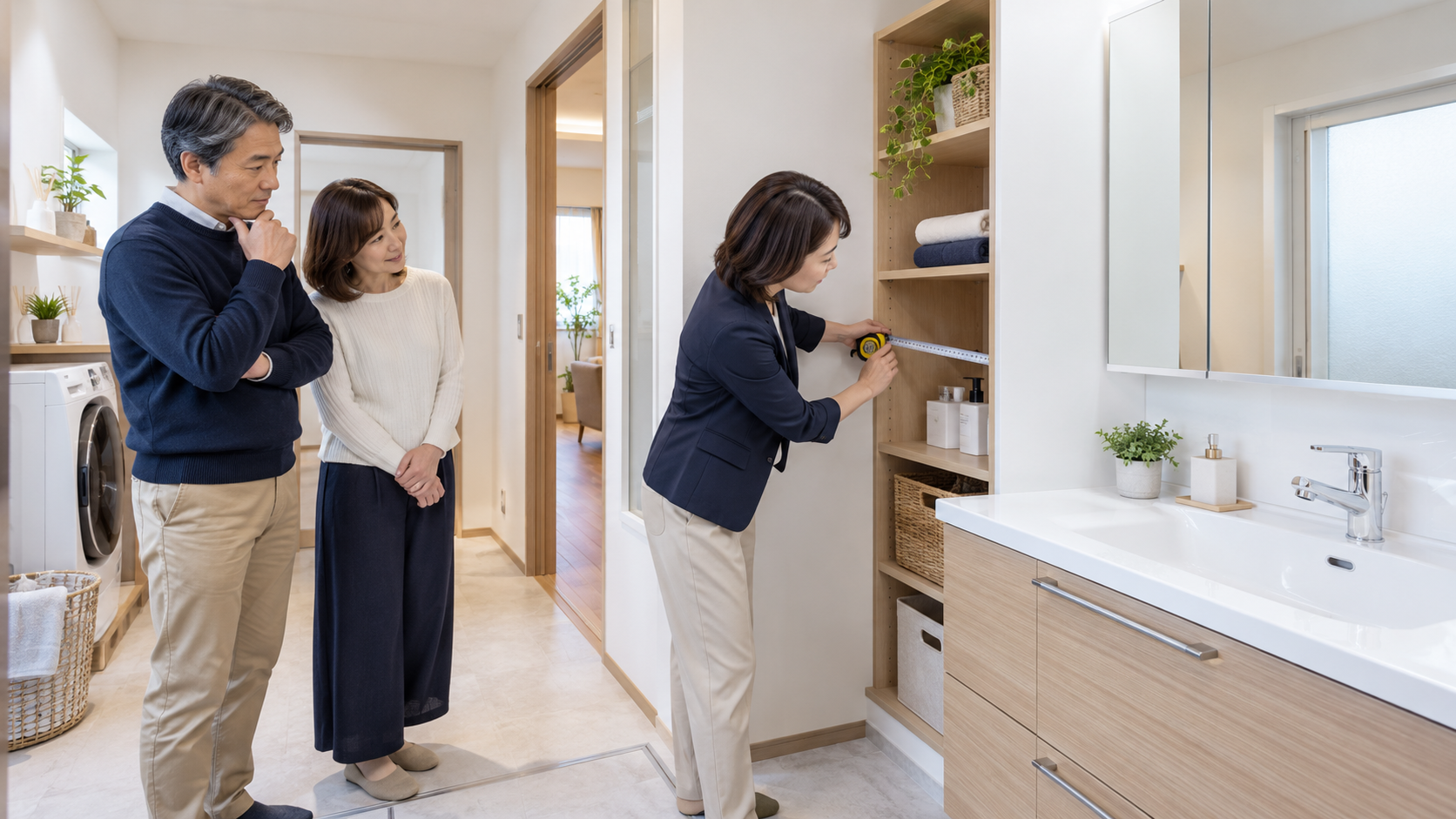 洗面台脇の収納幅を測る担当者と現地調査を見守る夫婦