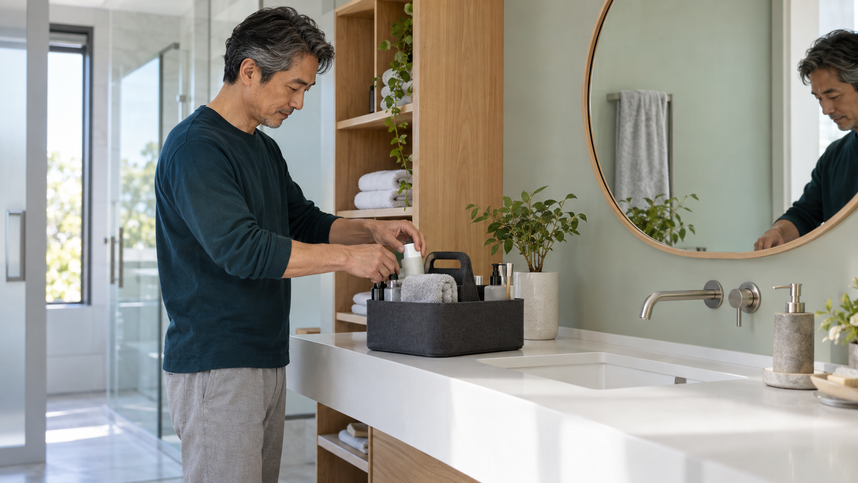 リフォーム工事に備えて洗面用品を収納ケースにまとめる男性