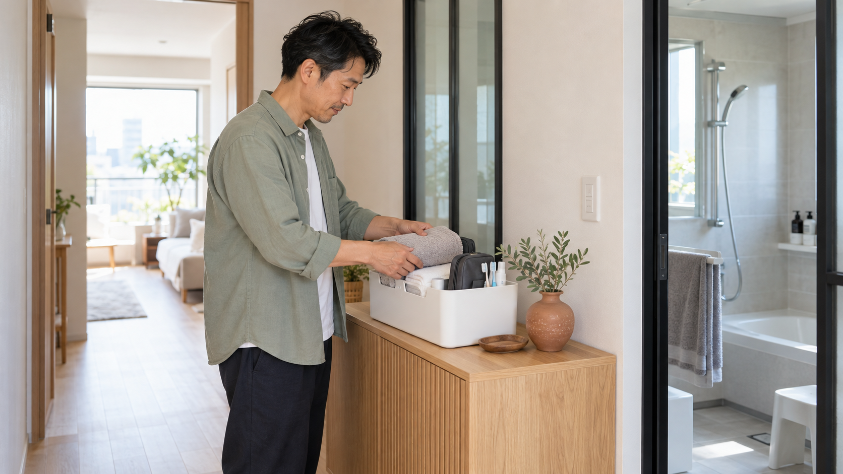 浴室リフォームに備えてタオルや洗面用品を収納ケースにまとめる男性