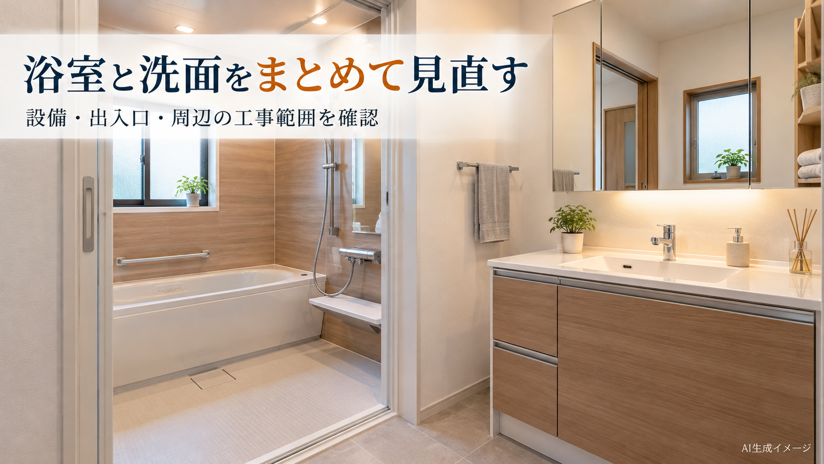 浴室と洗面台の設備や出入口をまとめて見直すリフォームのイメージ