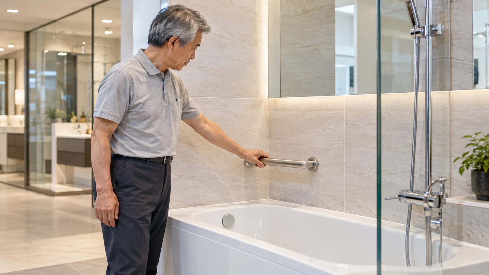 現代的な浴室展示で浴槽横の手すりの握りやすさを確認する男性