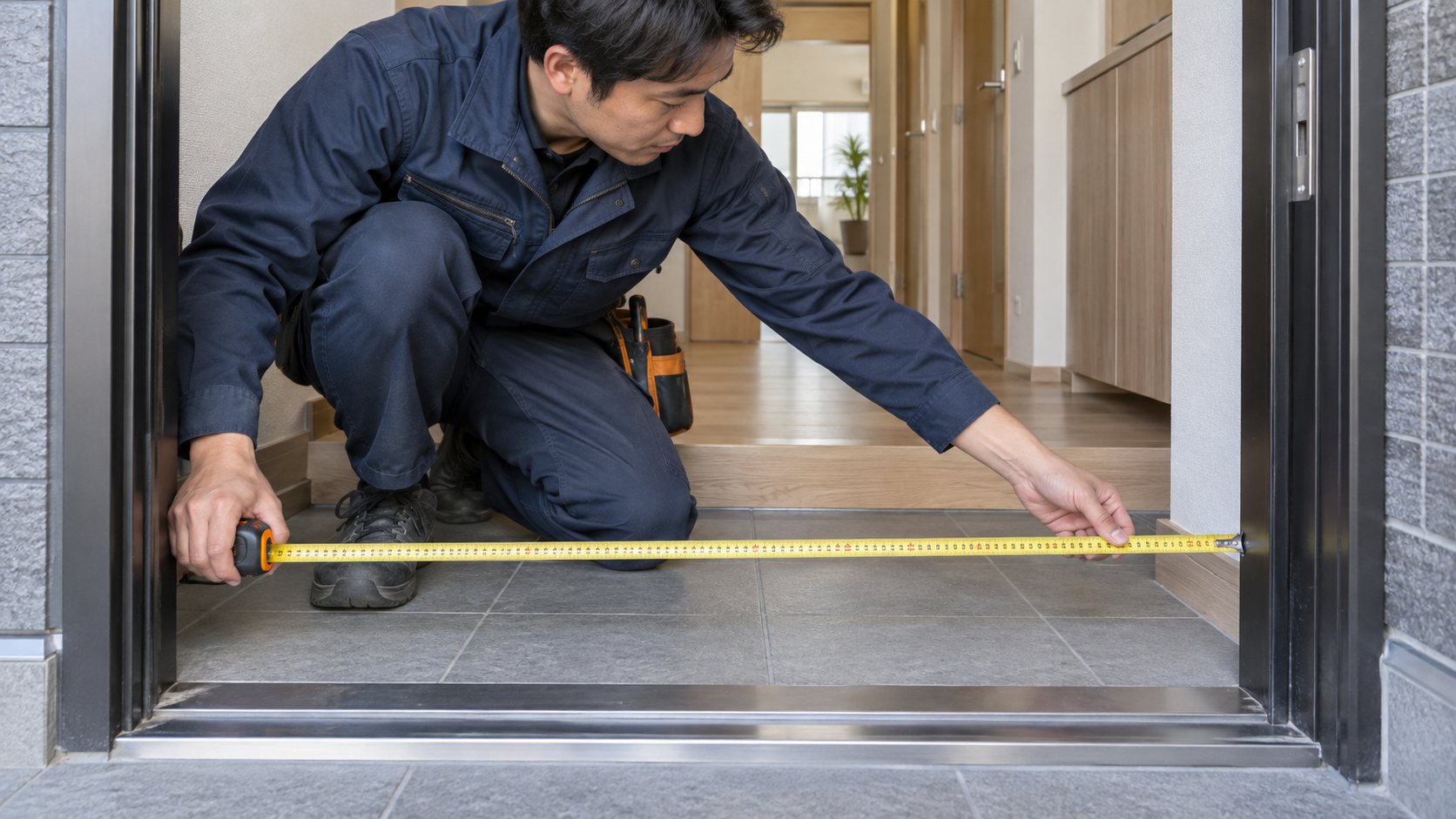 設備の搬入に備えて玄関の開口幅をメジャーで測る調査員