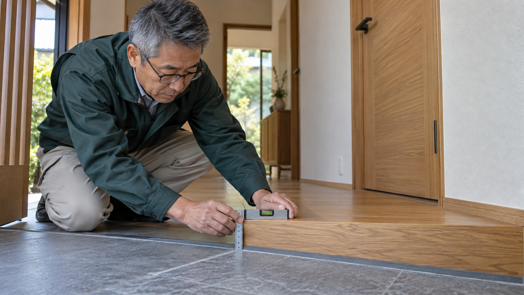 金属製の定規と水平器で玄関の段差を確認する男性調査員