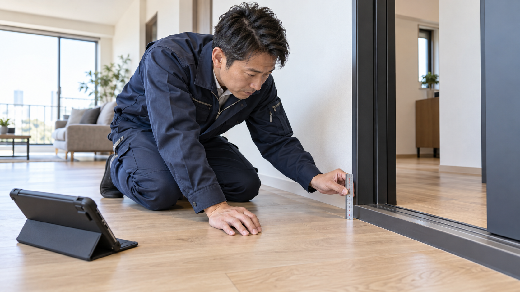 室内の引き戸付近で床の段差を金属製の定規で確認する男性調査員