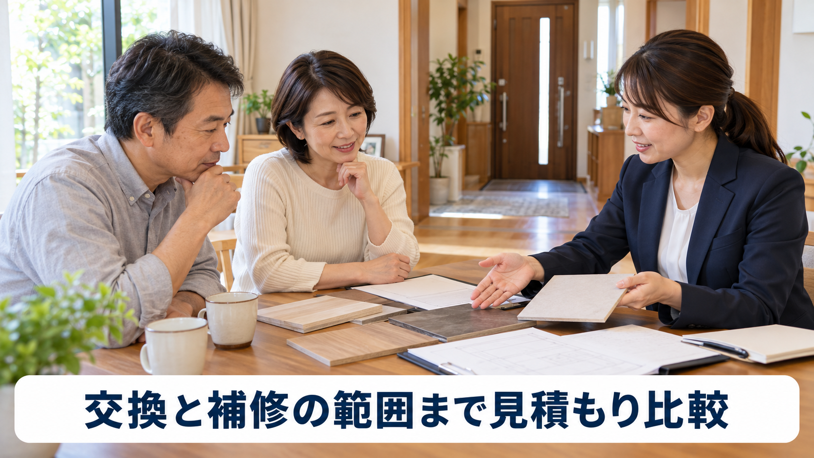 設備の交換と周辺補修の範囲について、材料サンプルと見積もりを見ながら相談する夫婦のイメージ