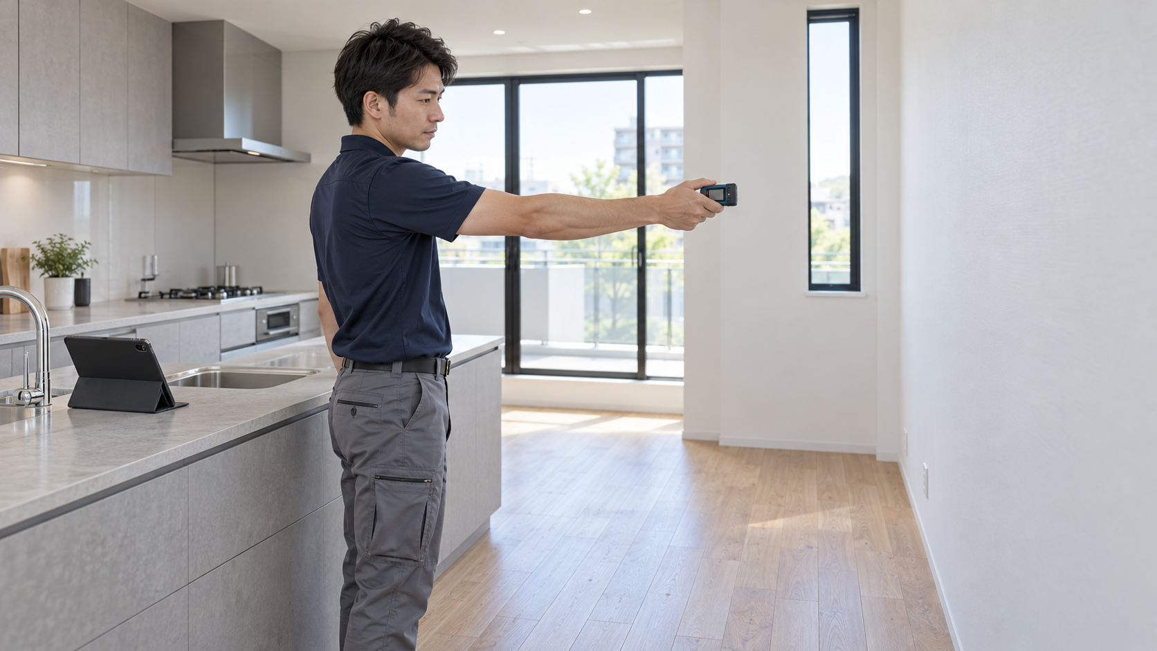 レーザー距離計でキッチン周辺を採寸する住宅調査員
