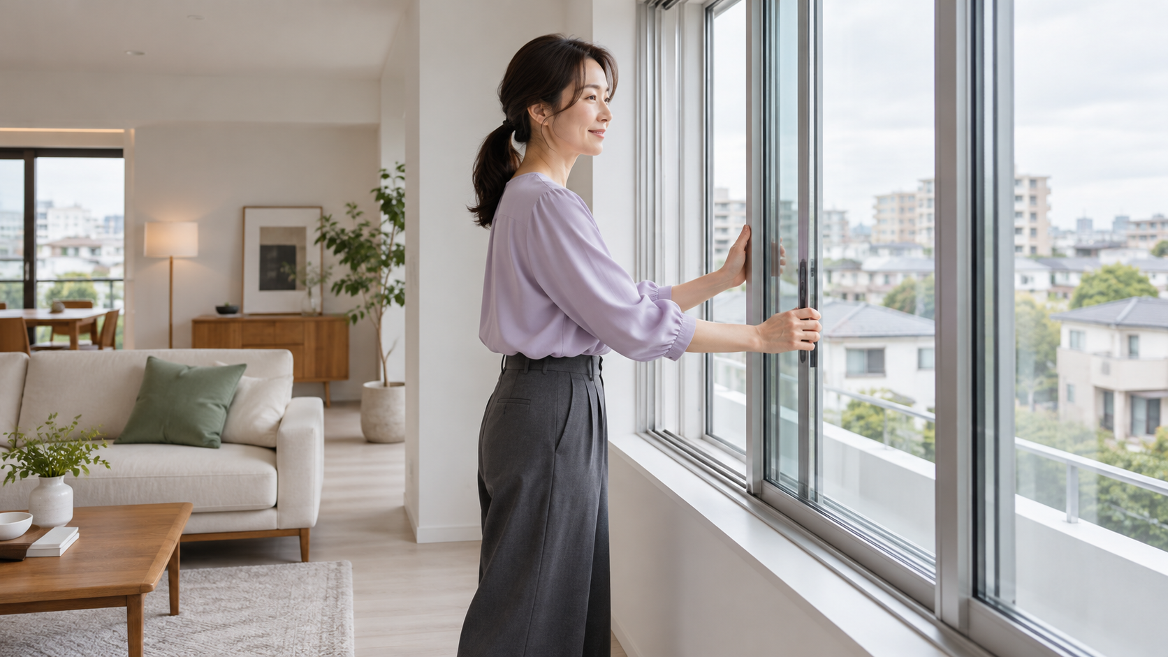 現代的なリビングで窓の内側に設けた内窓を開ける女性