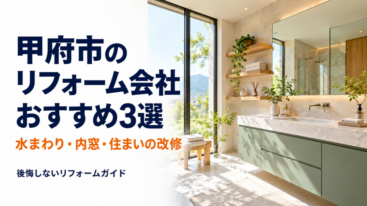 甲府市のリフォーム会社おすすめ3選と書かれた、現代的な洗面空間のアイキャッチ画像